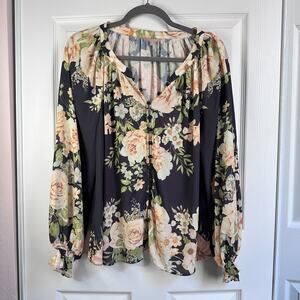 Love Colette Women's Small Dark Floral Long Bishop Sleeve Button Up Blouse